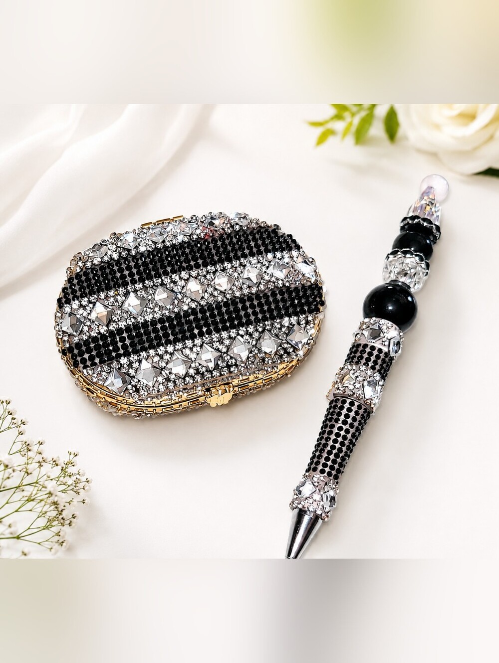 Handcrafted Black & Silver Rhinestone Compact Mirror & Beaded Pen Gift Set